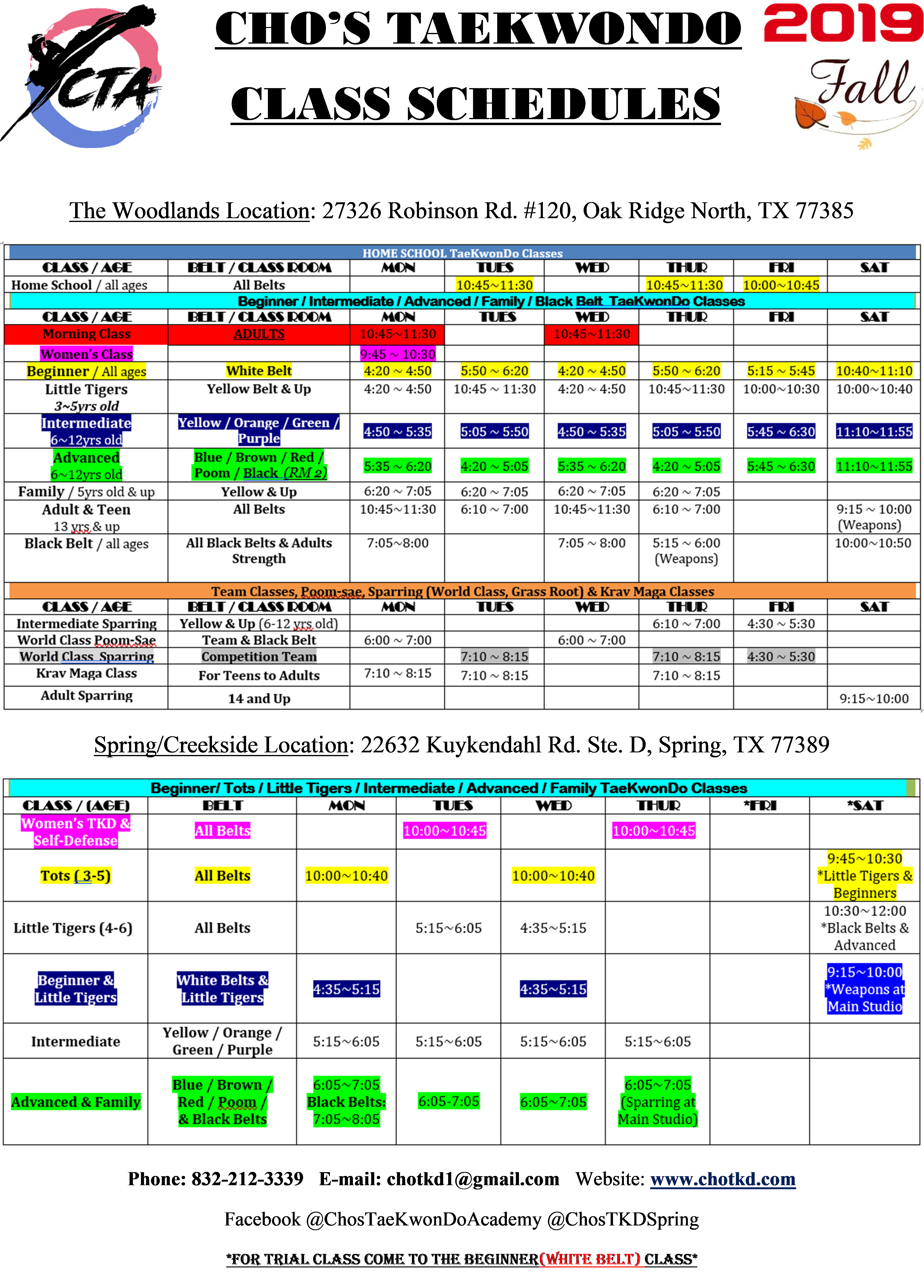 Class Schedule Spring Creekside Location CHO S TAEKWONDO ACADEMY