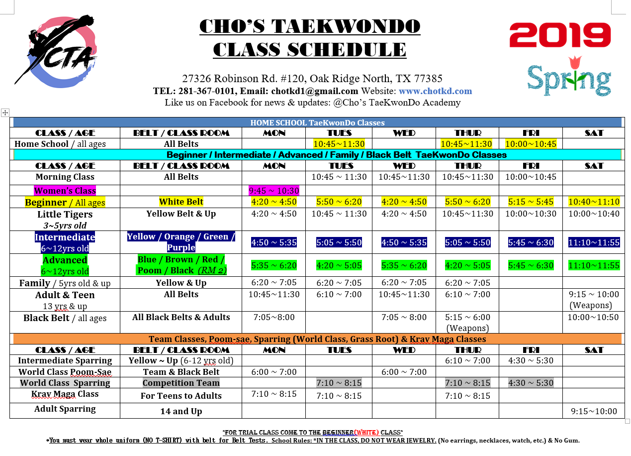 Class Schedule Woodlands 2019 – CHO'S TAEKWONDO ACADEMY