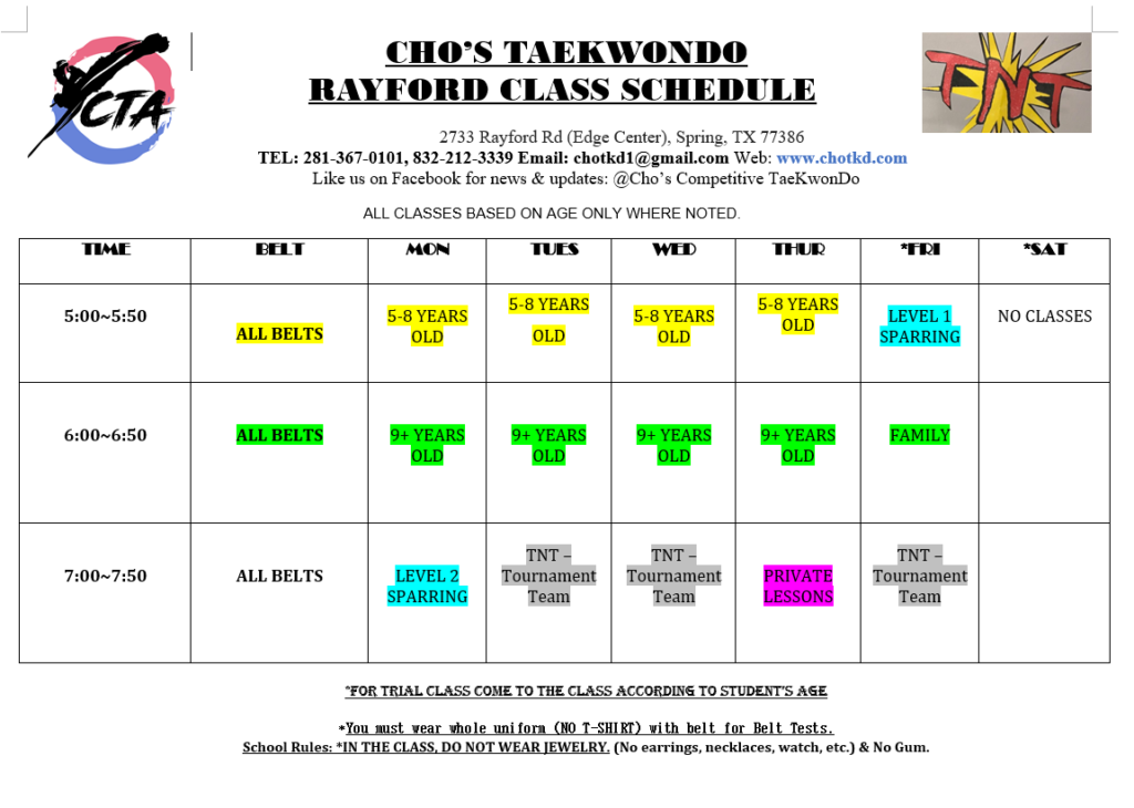 Cho TKD Rayford Schedule