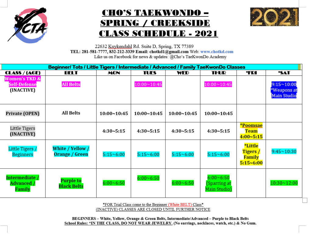 Cho TKD Creekside Schedule
